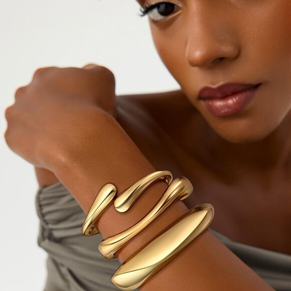 Gold Bangle Bracelets Set Women Chunky Wide Cuff Stack Statement Jewelry - Picture 3 of 7